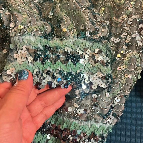 Vintage St. Martin 80s Cropped Top Green Sequin Blouse Bell Sleeve Peek S/M - Picture 10 of 11